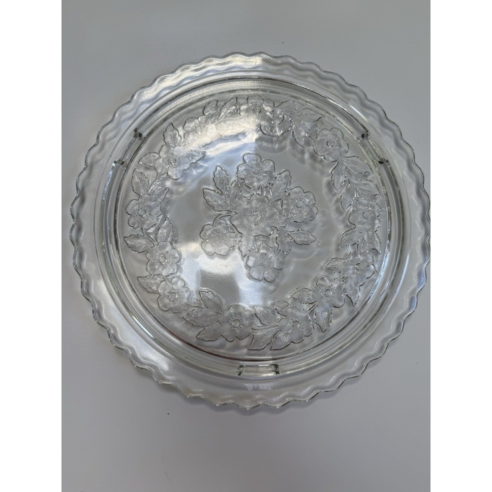 Vintage Clear Footed Glass Cake Plate. Beautifully Impressed Floral Design.